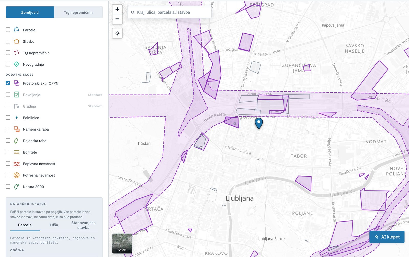 The map with the spatial-plan layer over the centre of Ljubljana