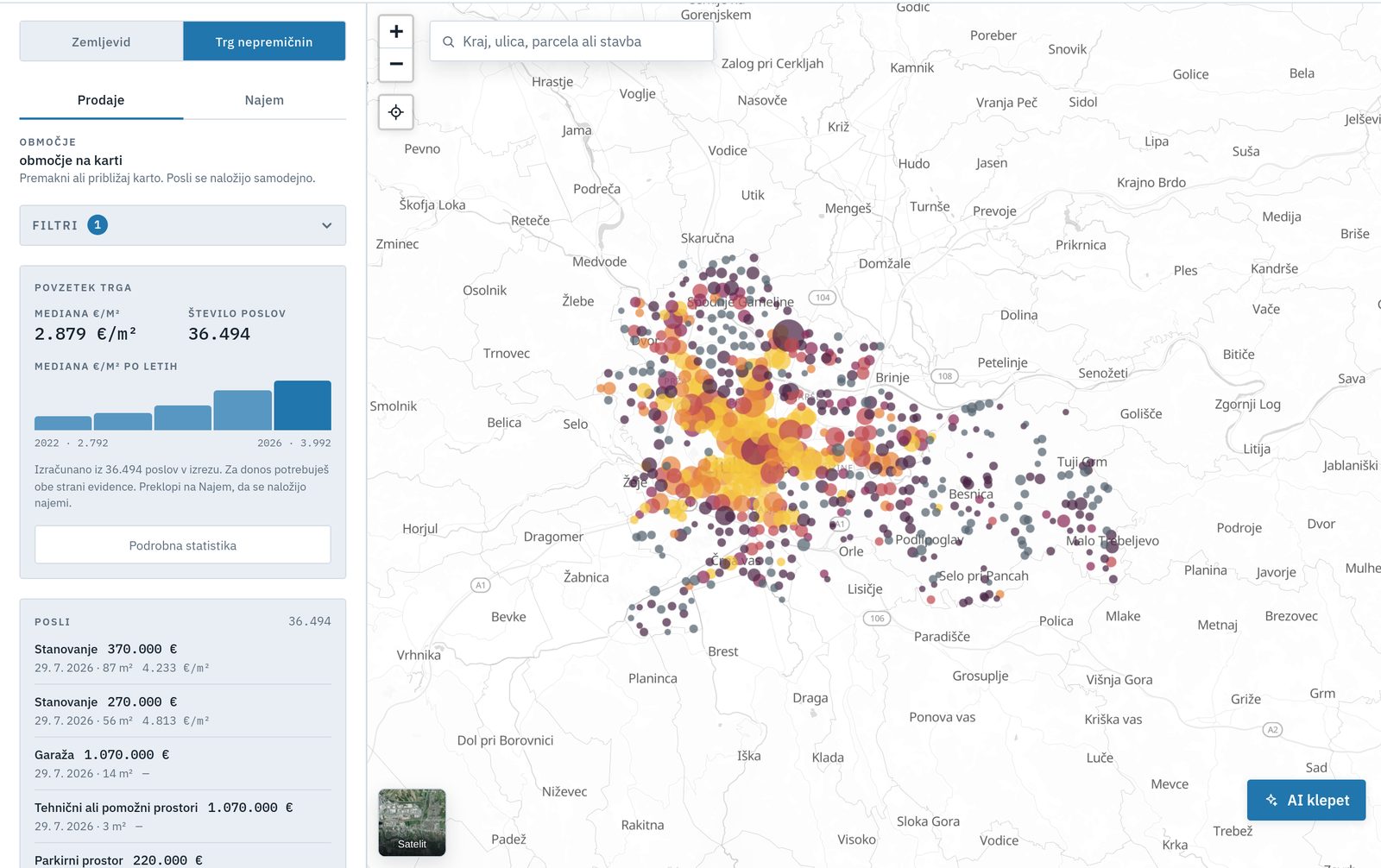 The map of Ljubljana with deals and layers switched on